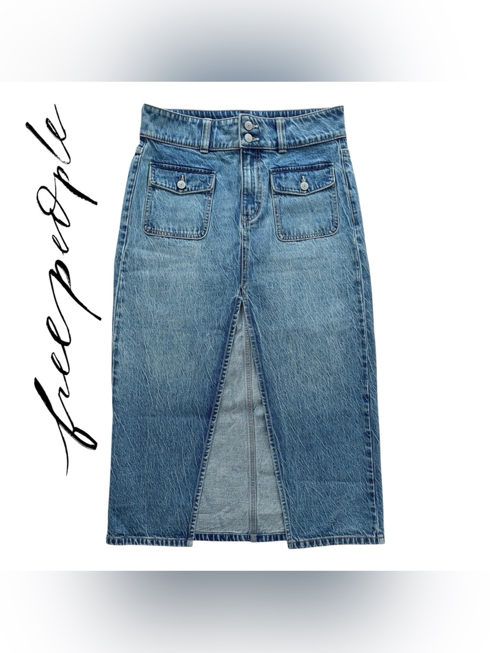 Free People denim maxi skirt with front slit